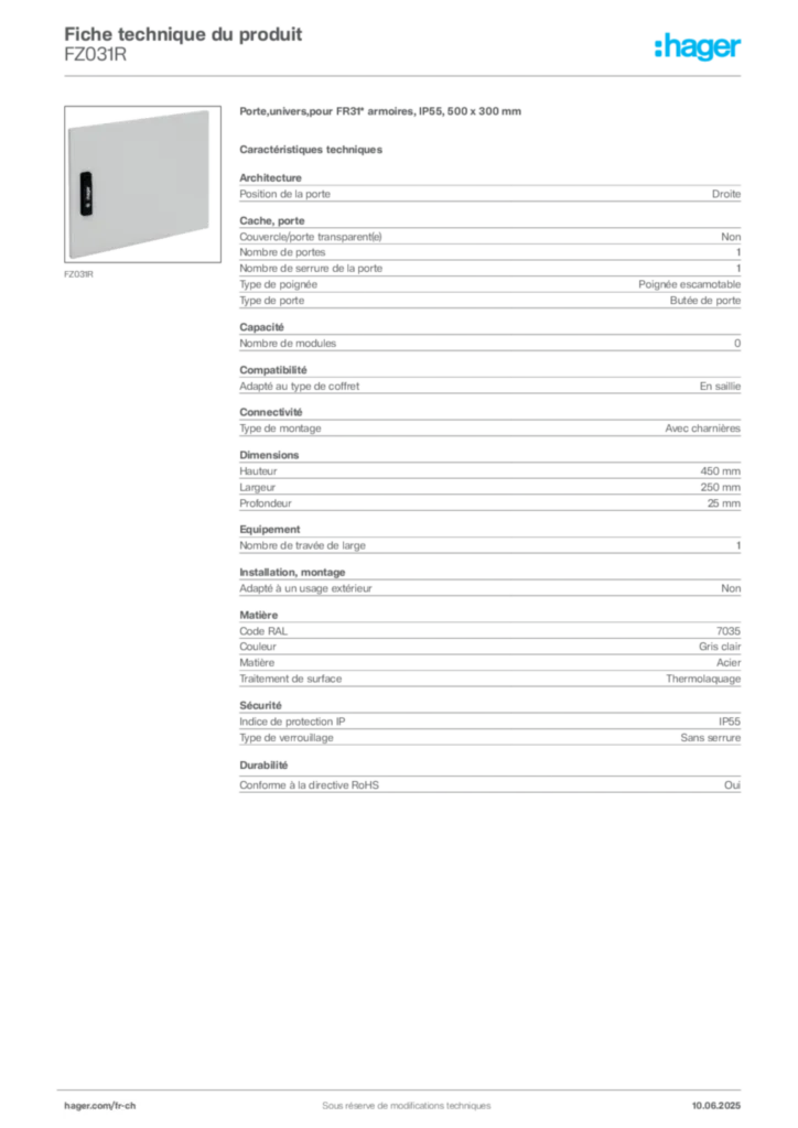 Image Hager Fiche technique du produit FZ031R | Hager Suisse