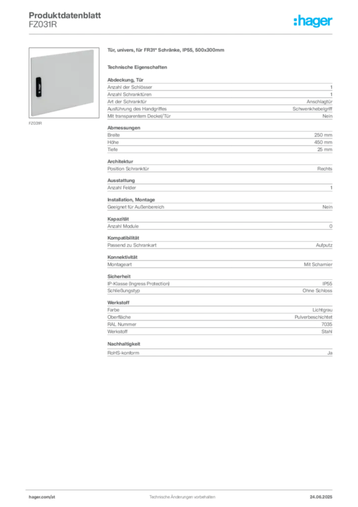 Bild Hager Produktdatenblatt FZ031R | Hager Deutschland