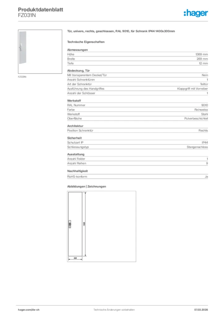 Bild Hager Produktdatenblatt FZ031N | Hager Schweiz
