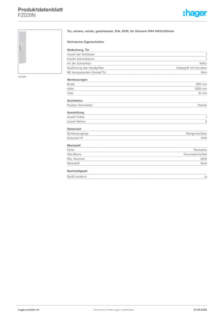 Bild Hager Produktdatenblatt FZ031N | Hager Schweiz