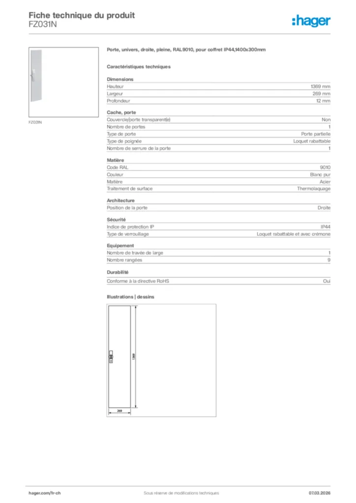 Image Hager Fiche technique du produit FZ031N | Hager Suisse