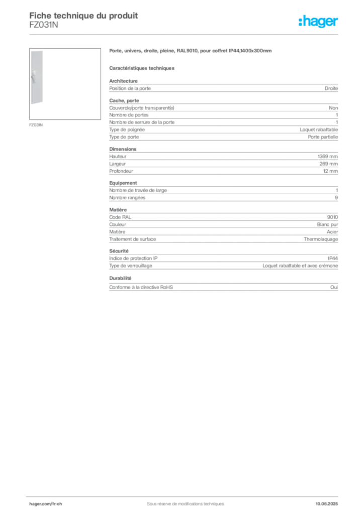 Image Hager Fiche technique du produit FZ031N | Hager Suisse