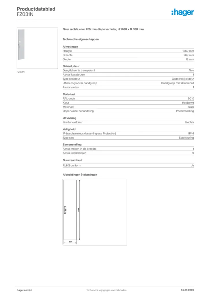 Afbeelding Hager Productdatablad FZ031N | Hager Nederland