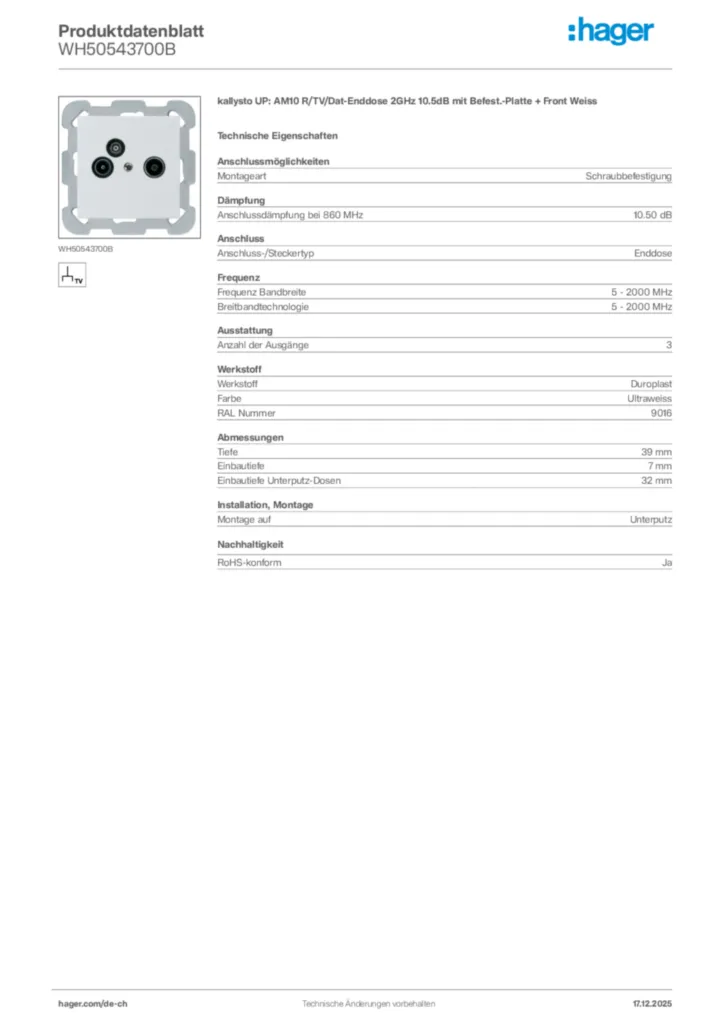 Bild Hager Produktdatenblatt WH50543700B | Hager Schweiz