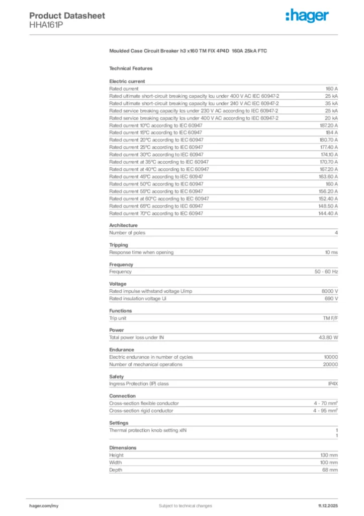 Image Hager Product data sheet HHA161P  | Hager