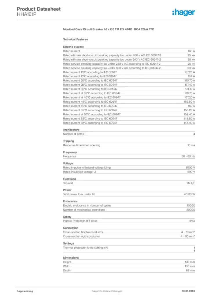 Image Hager Product data sheet HHA161P  | Hager