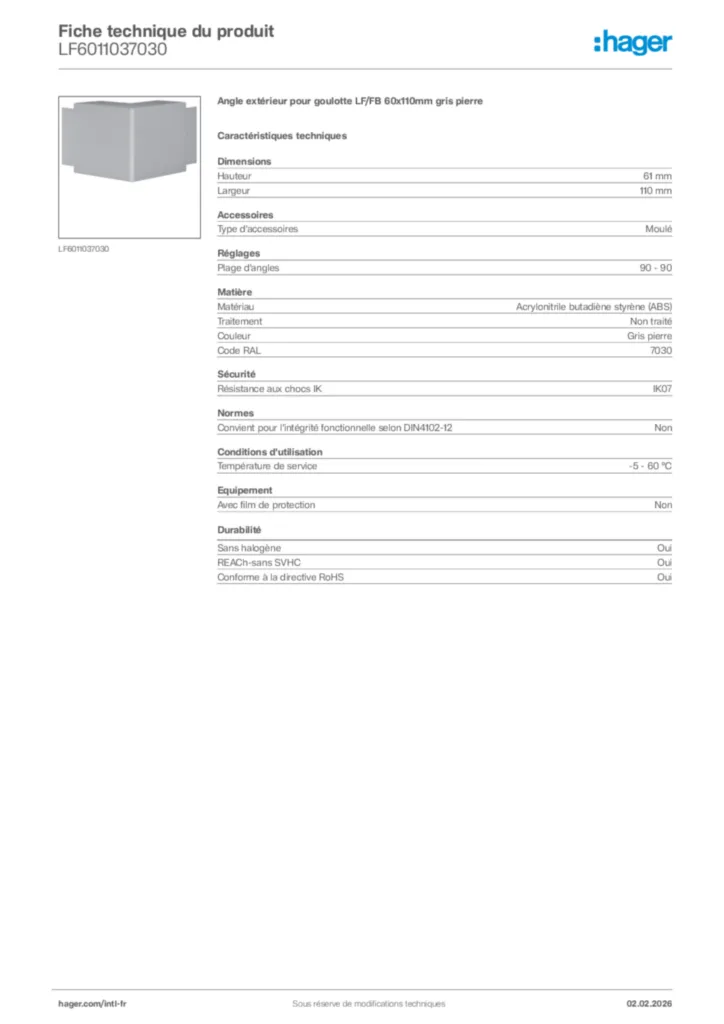 Image Hager Fiche technique du produit LF6011037030 | Hager Afrique