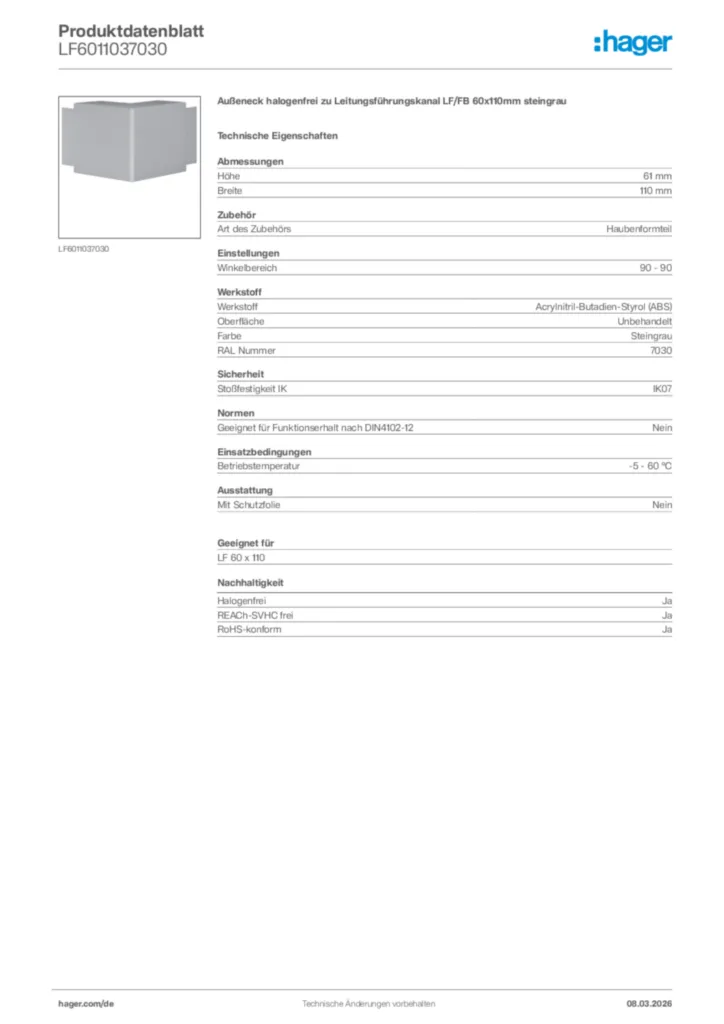 Bild Hager Produktdatenblatt LF6011037030 | Hager Deutschland