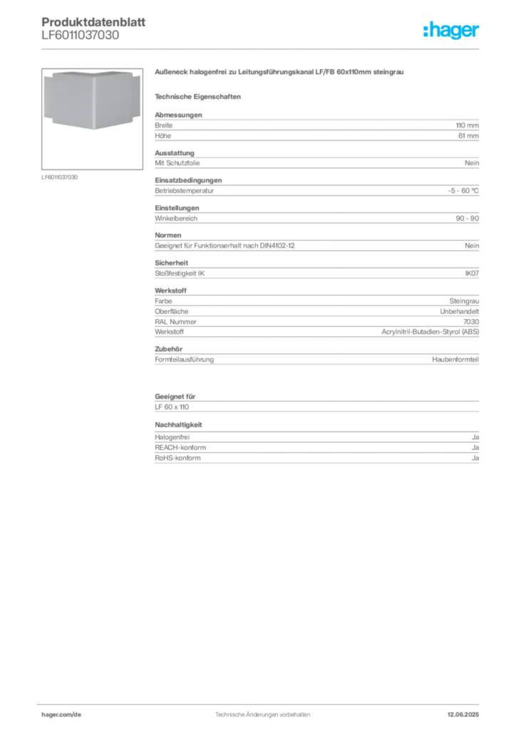 Bild Hager Produktdatenblatt LF6011037030 | Hager Deutschland