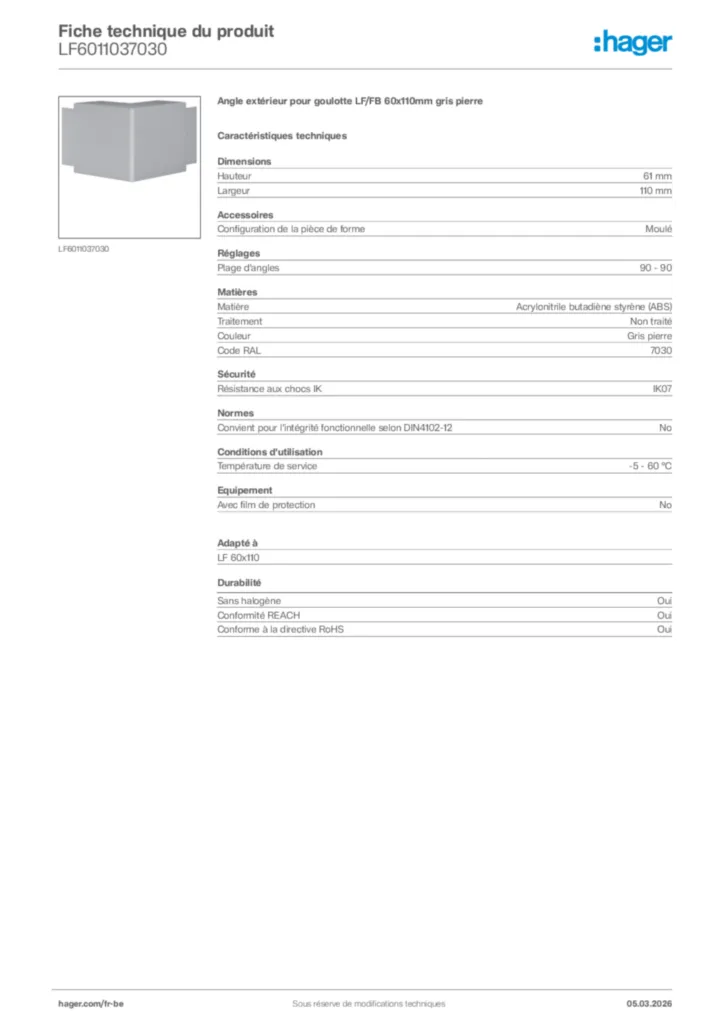 Image Hager Fiche technique du produit LF6011037030 | Hager Belgique