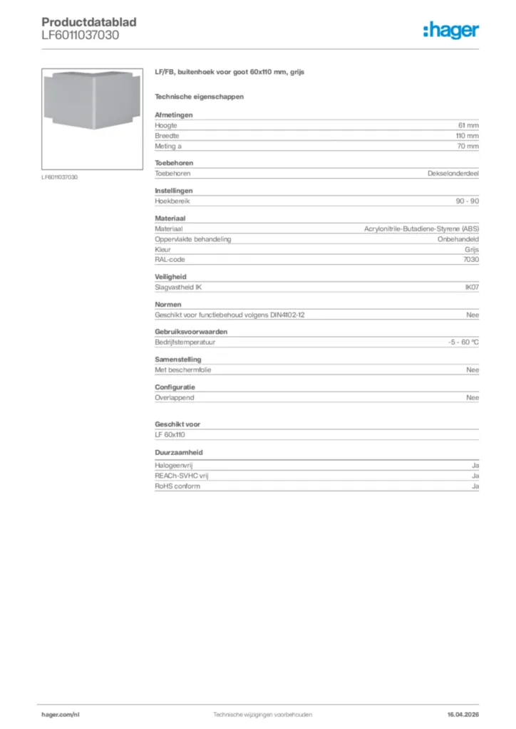 Afbeelding Hager Productdatablad LF6011037030 | Hager Nederland