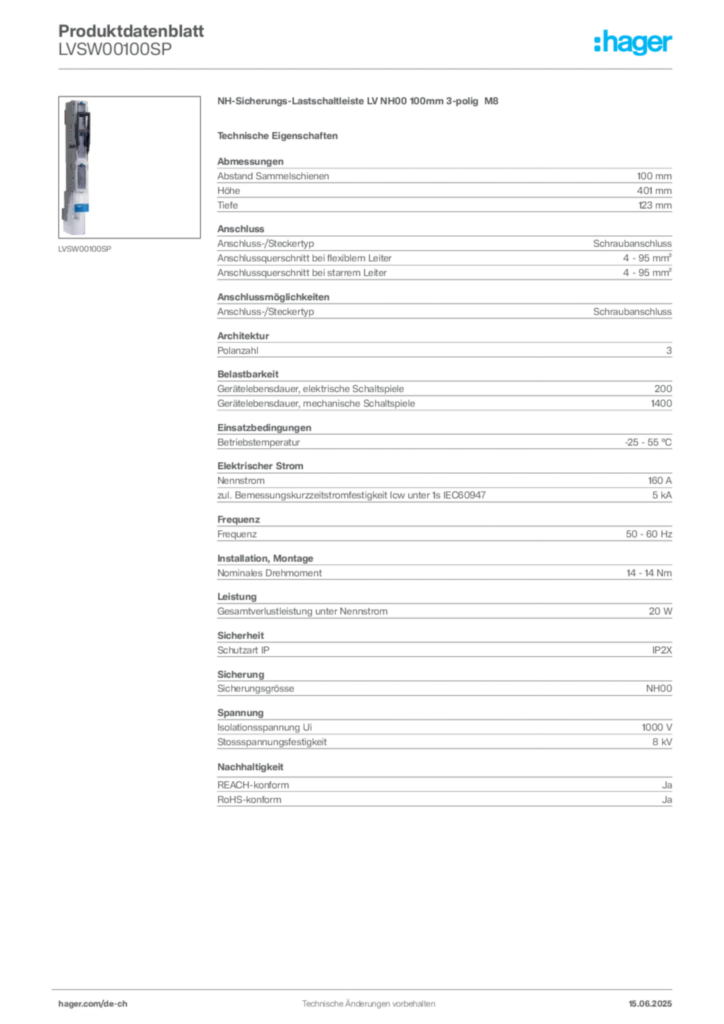 Bild Hager Produktdatenblatt LVSW00100SP | Hager Schweiz