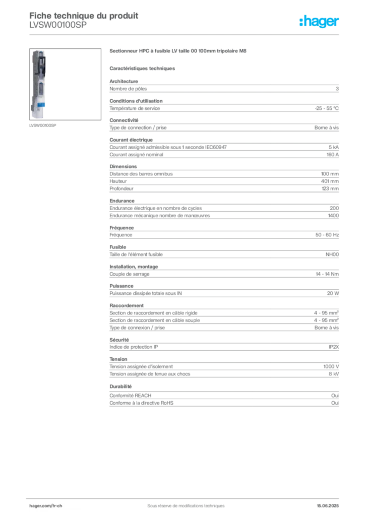Image Hager Fiche technique du produit LVSW00100SP | Hager Suisse