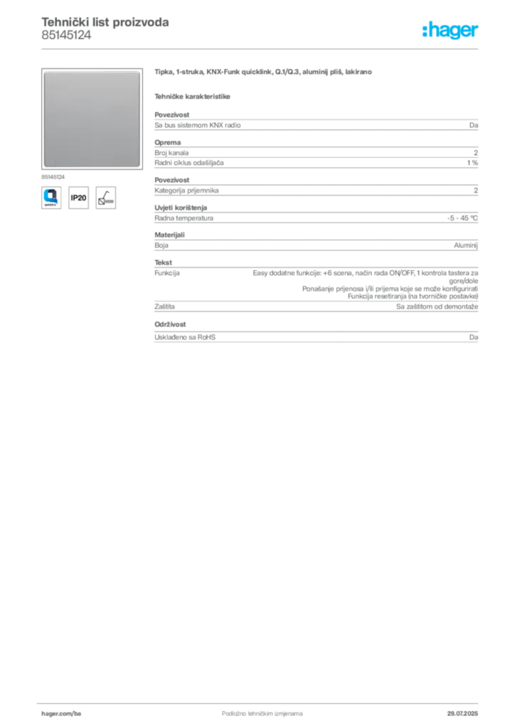 Slika Hager Product data sheet 85145124  | Hager
