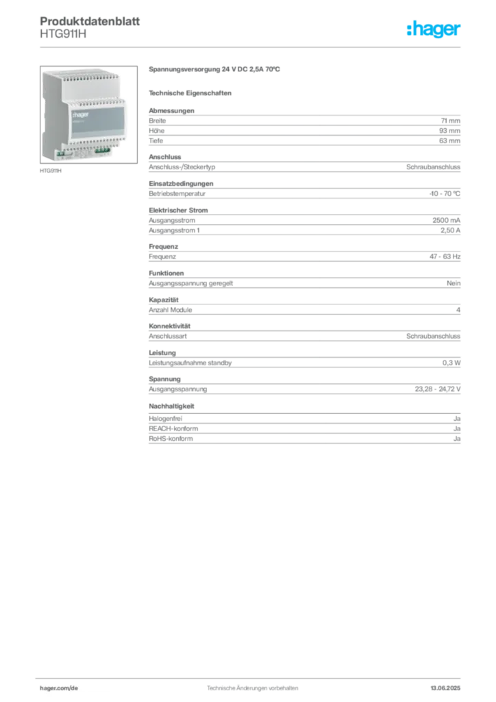 Hager Produktdatenblatt HTG911H