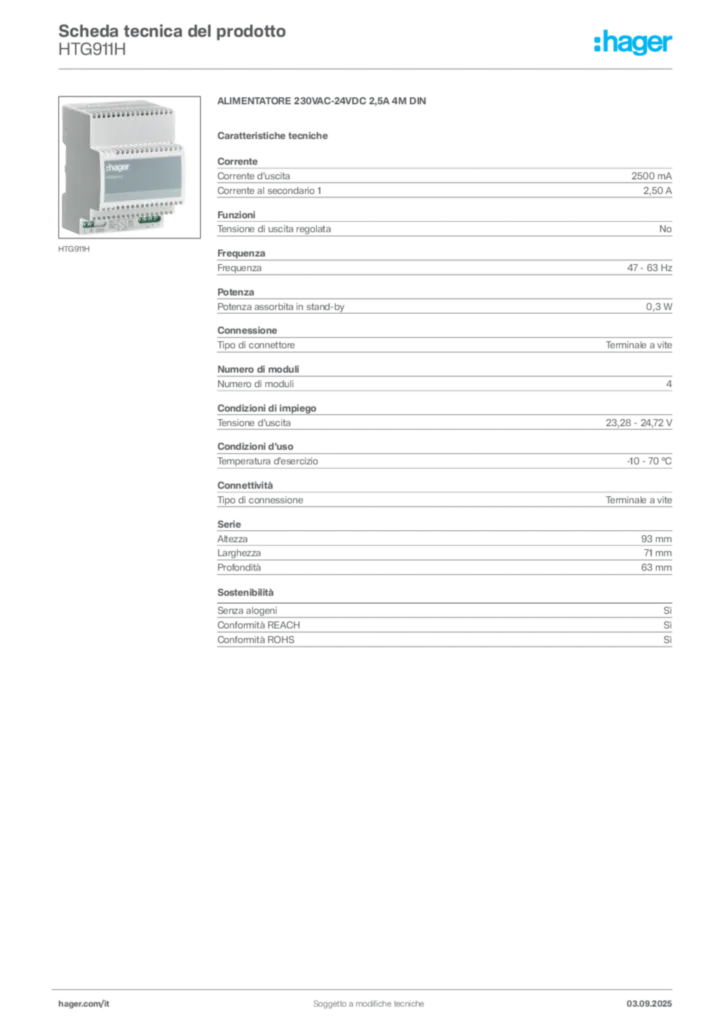 Immagine Hager Scheda tecnica del prodotto HTG911H | Hager Italia