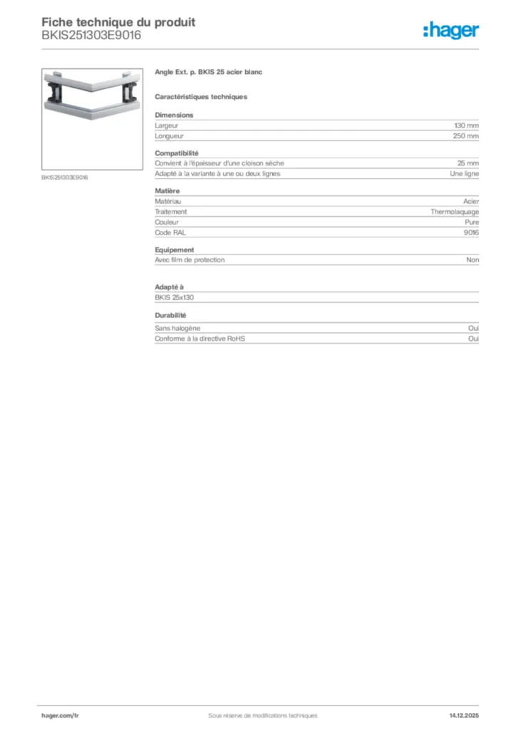 Image Hager Fiche technique du produit BKIS251303E9016 | Hager France