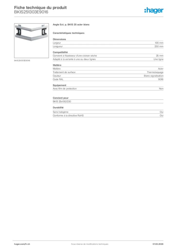 Image Hager Fiche technique du produit BKIS251303E9016 | Hager Suisse