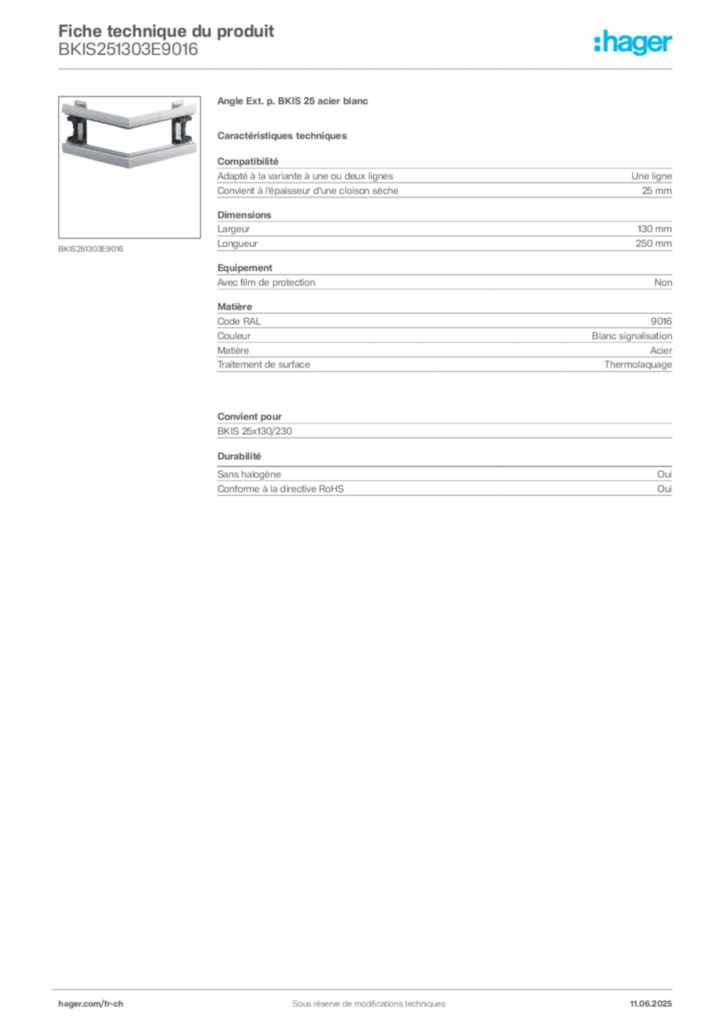 Image Hager Fiche technique du produit BKIS251303E9016 | Hager Suisse