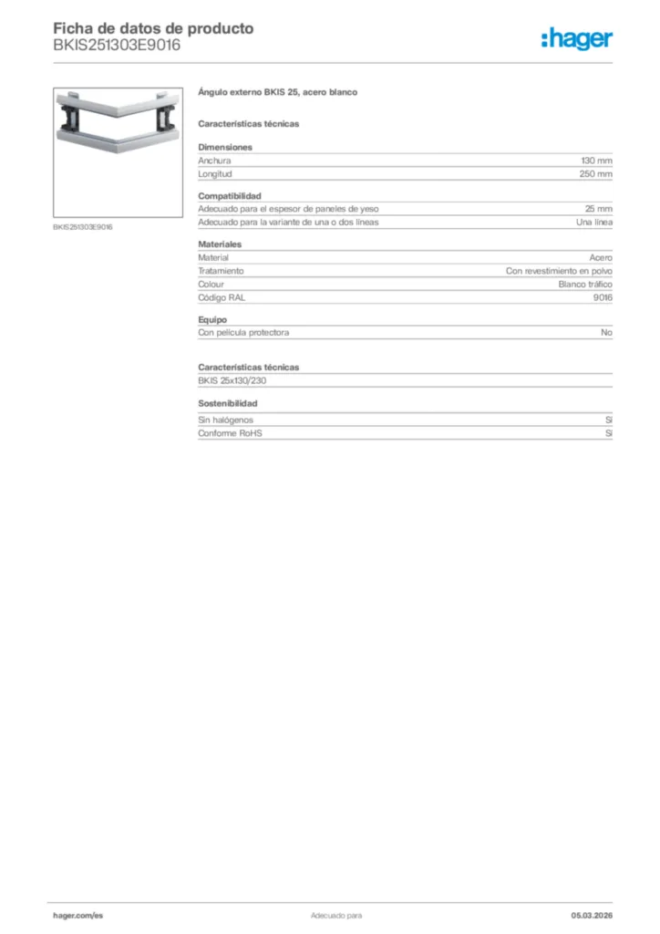 Imagen Hager Ficha de datos de producto BKIS251303E9016 | Hager España