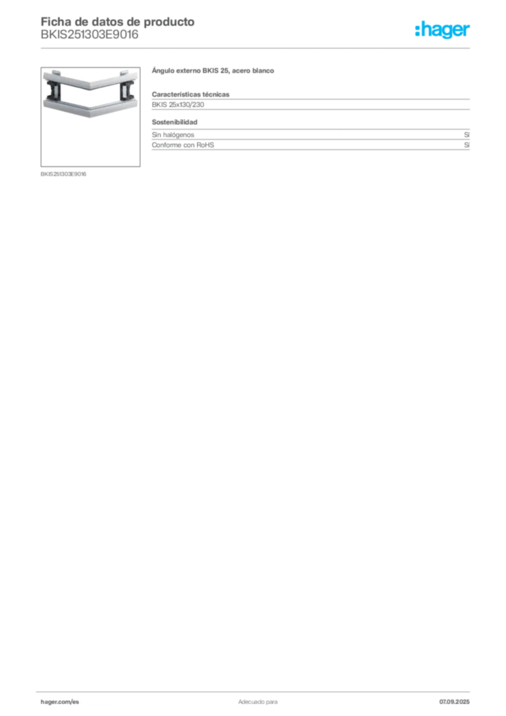 Imagen Hager Ficha de datos de producto BKIS251303E9016 | Hager España
