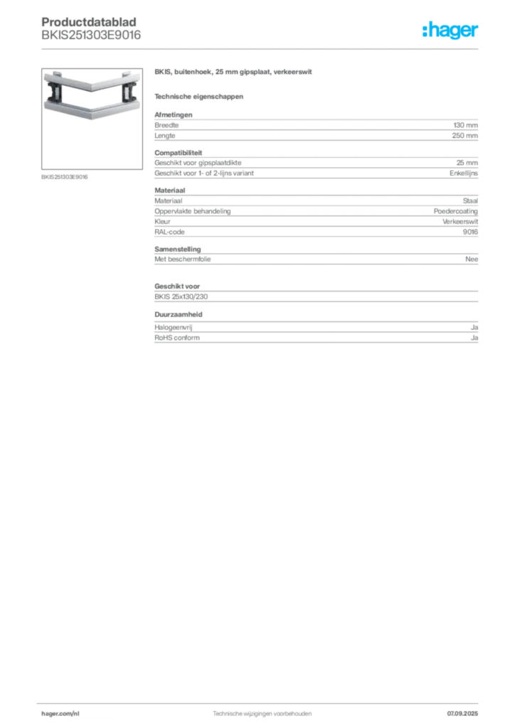 Afbeelding Hager Productdatablad BKIS251303E9016 | Hager Nederland