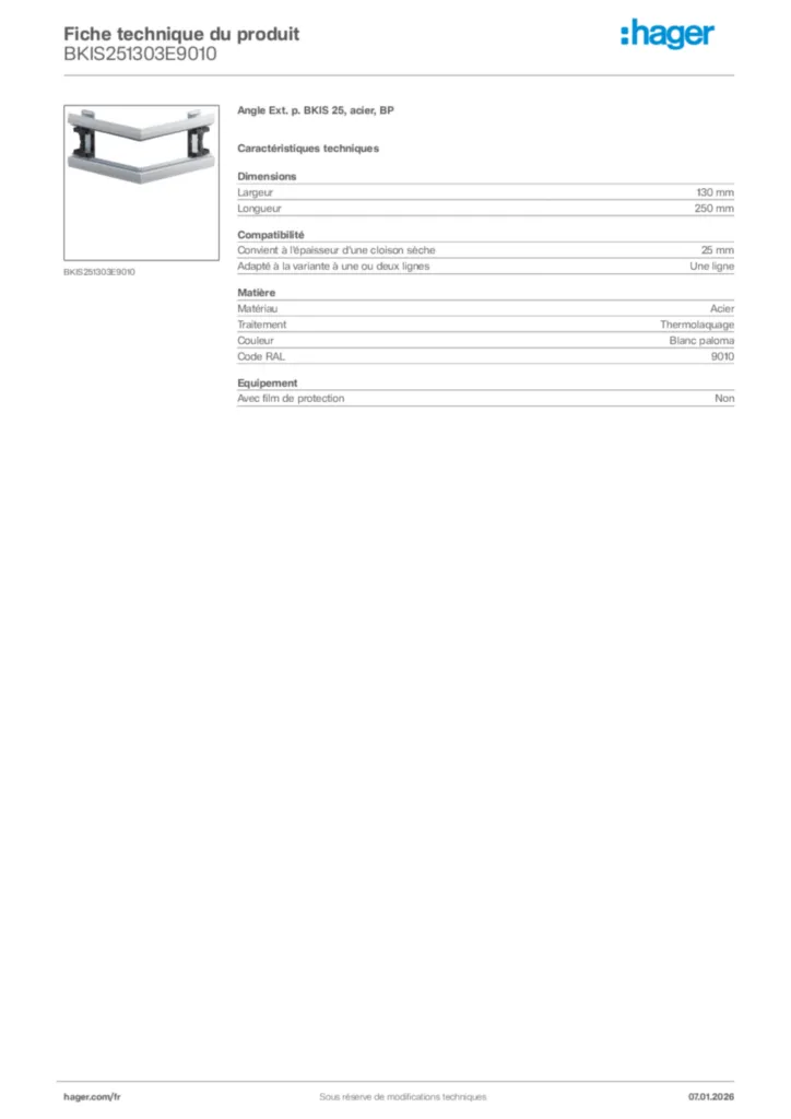 Image Hager Fiche technique du produit BKIS251303E9010 | Hager France