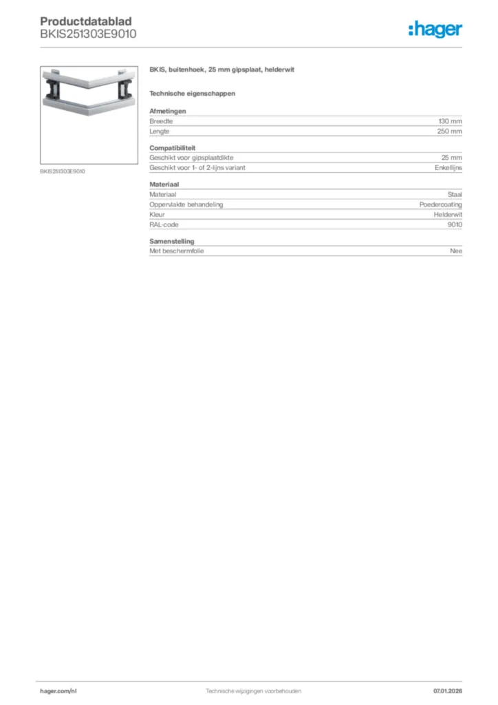 Afbeelding Hager Productdatablad BKIS251303E9010 | Hager Nederland