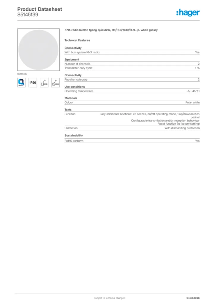 Image Hager Product data sheet 85145139  | Hager Africa