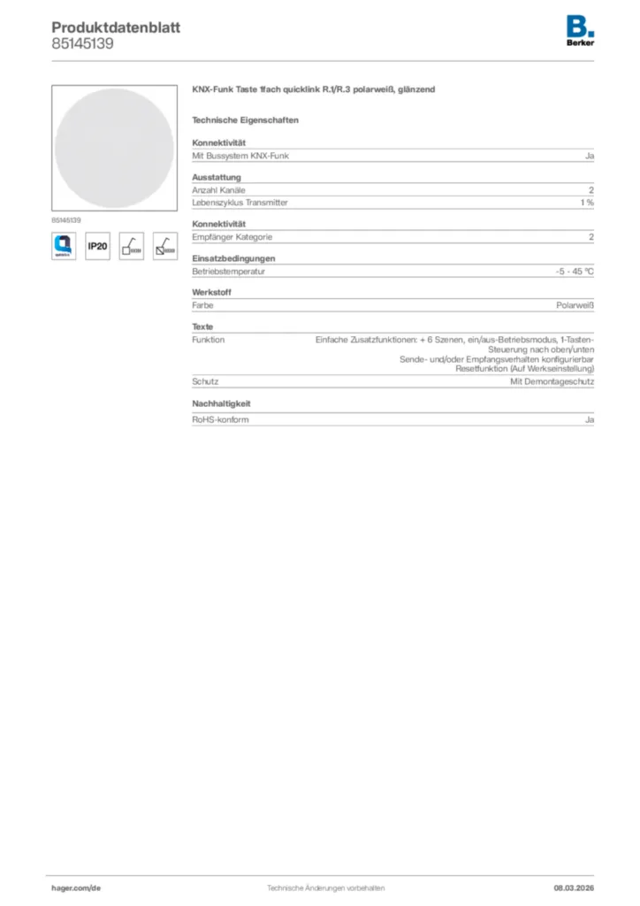 Bild Berker Produktdatenblatt 85145139 | Hager Deutschland