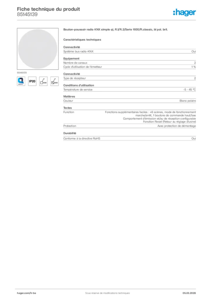 Image Hager Fiche technique du produit 85145139 | Hager Belgique