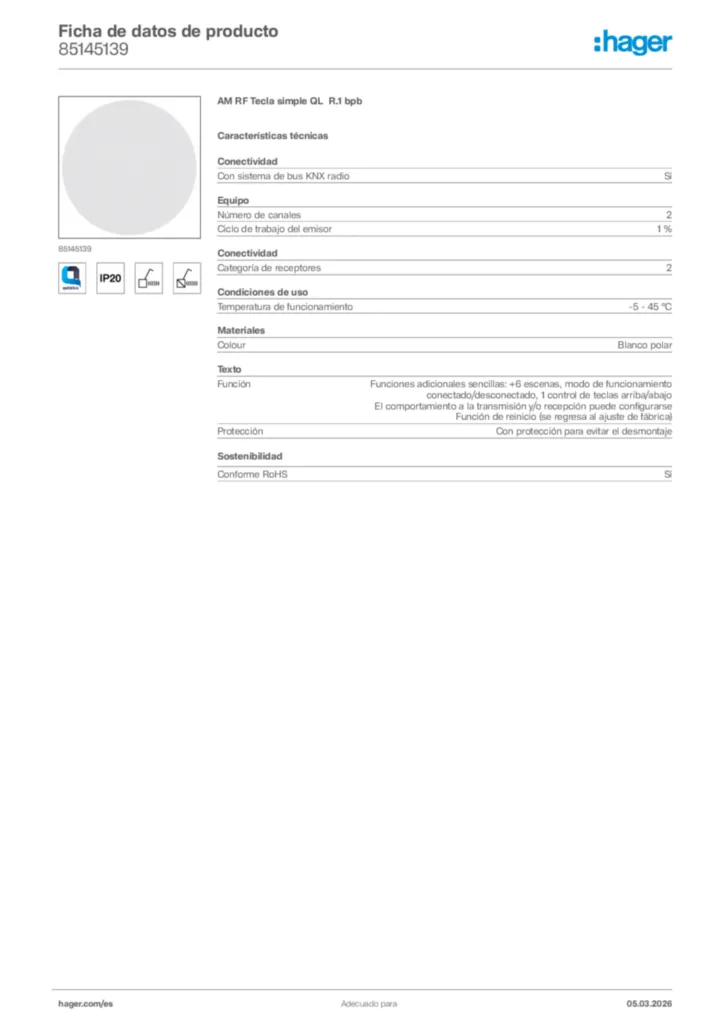 Imagen Hager Ficha de datos de producto 85145139 | Hager España