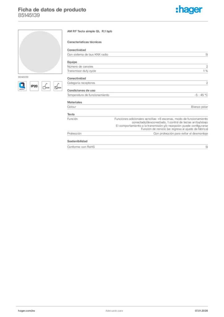 Imagen Hager Ficha de datos de producto 85145139 | Hager España