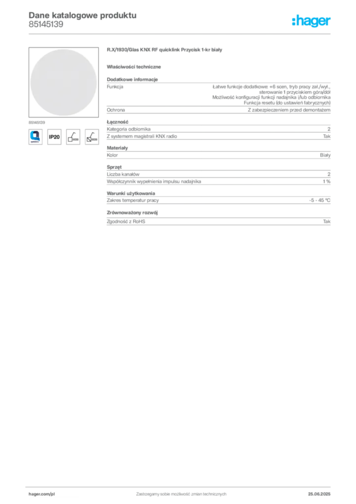 Zdjęcie Hager Karta katalogowa 85145139 | Hager Polska