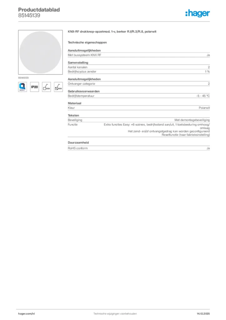 Afbeelding Hager Productdatablad 85145139 | Hager Nederland
