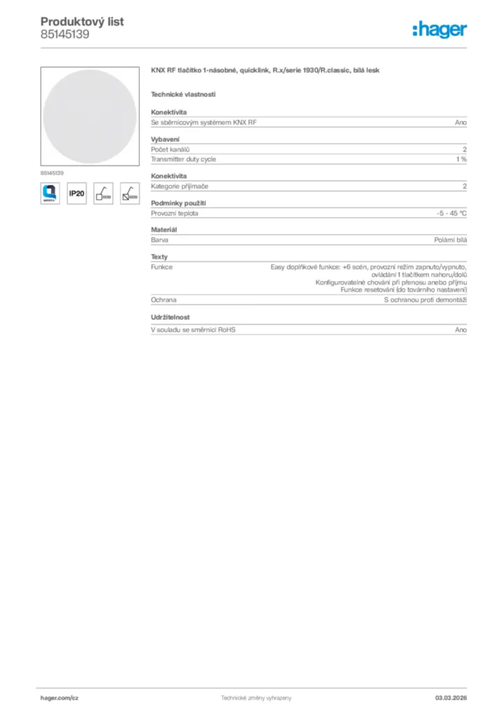 Obrázek Hager Product data sheet 85145139 | Hager