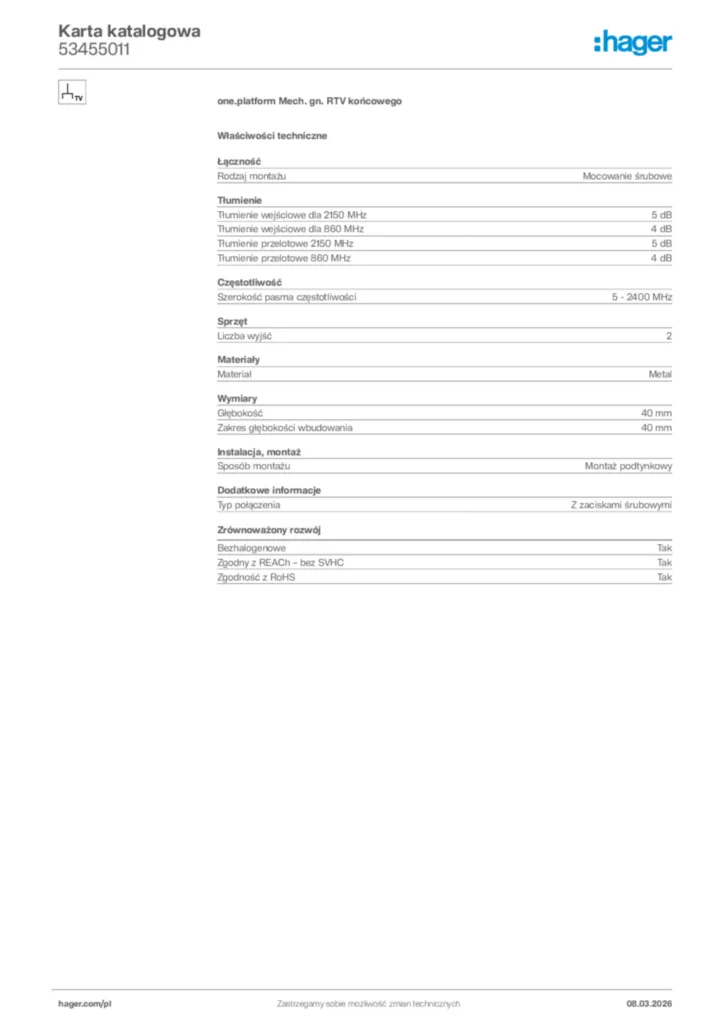 Zdjęcie Hager Karta katalogowa 53455011 | Hager Polska