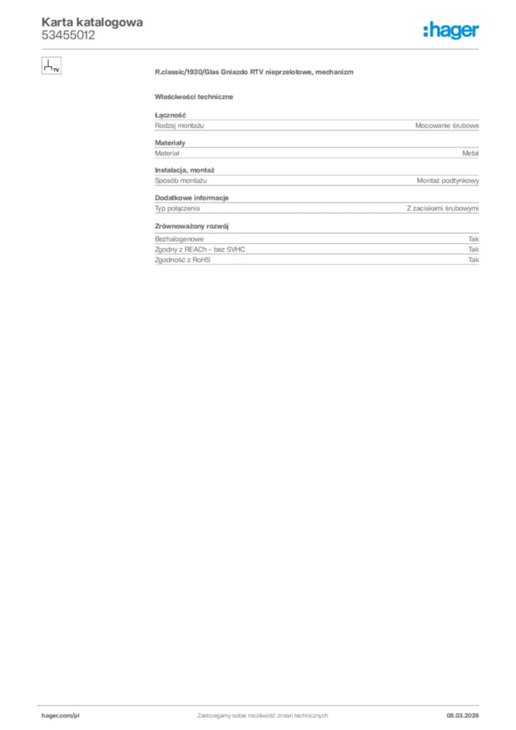 Zdjęcie Hager Karta katalogowa 53455012 | Hager Polska