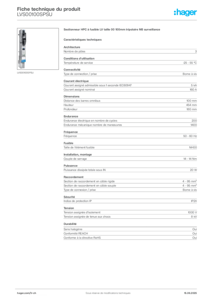 Image Hager Fiche technique du produit LVS00100SPSU | Hager Suisse