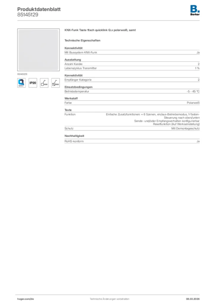 Bild Berker Produktdatenblatt 85145129 | Hager Deutschland