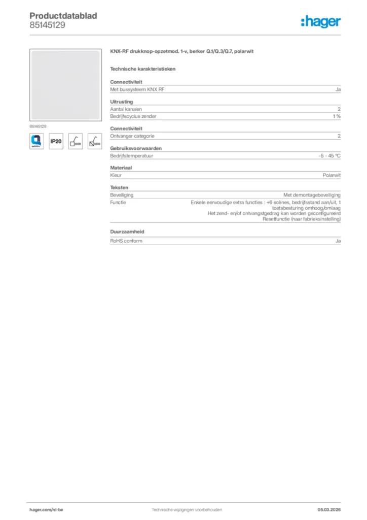 Afbeelding Hager Productdatablad 85145129 | Hager Belgium