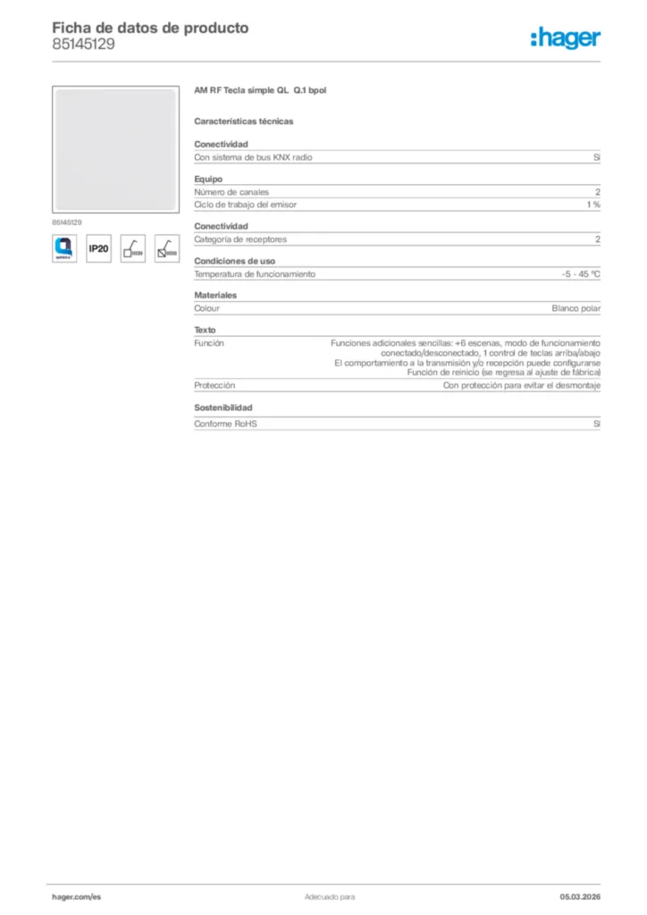 Imagen Hager Ficha de datos de producto 85145129 | Hager España
