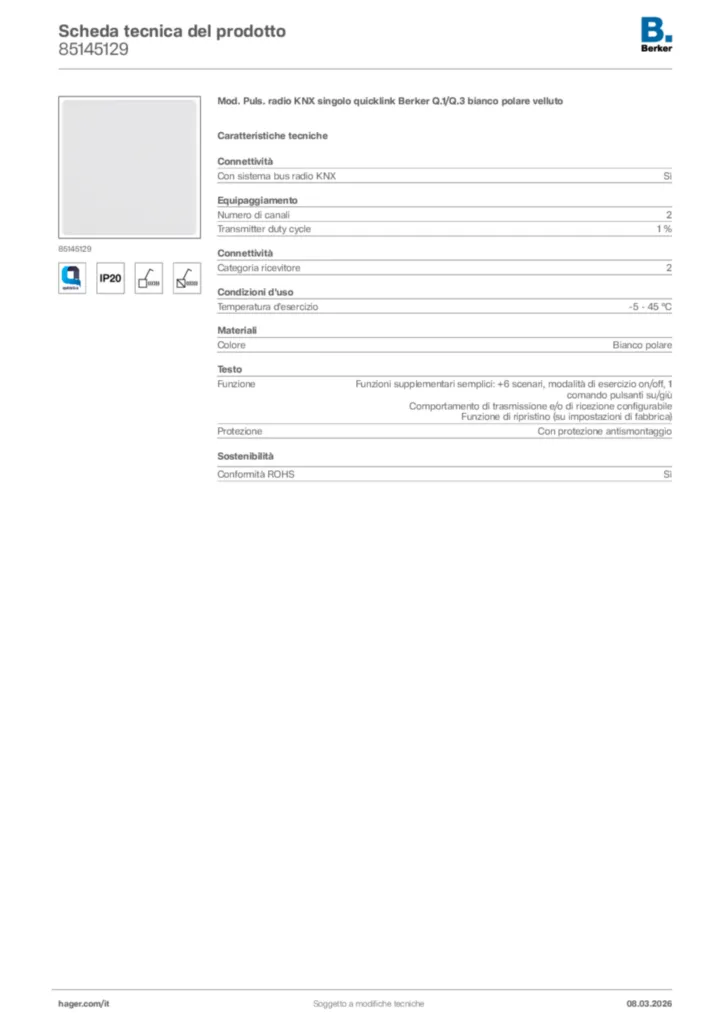 Immagine Berker Scheda tecnica del prodotto 85145129 | Hager Italia