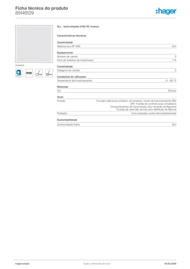 Imagem Hager Ficha técnica do produto 85145129 | Hager Portugal