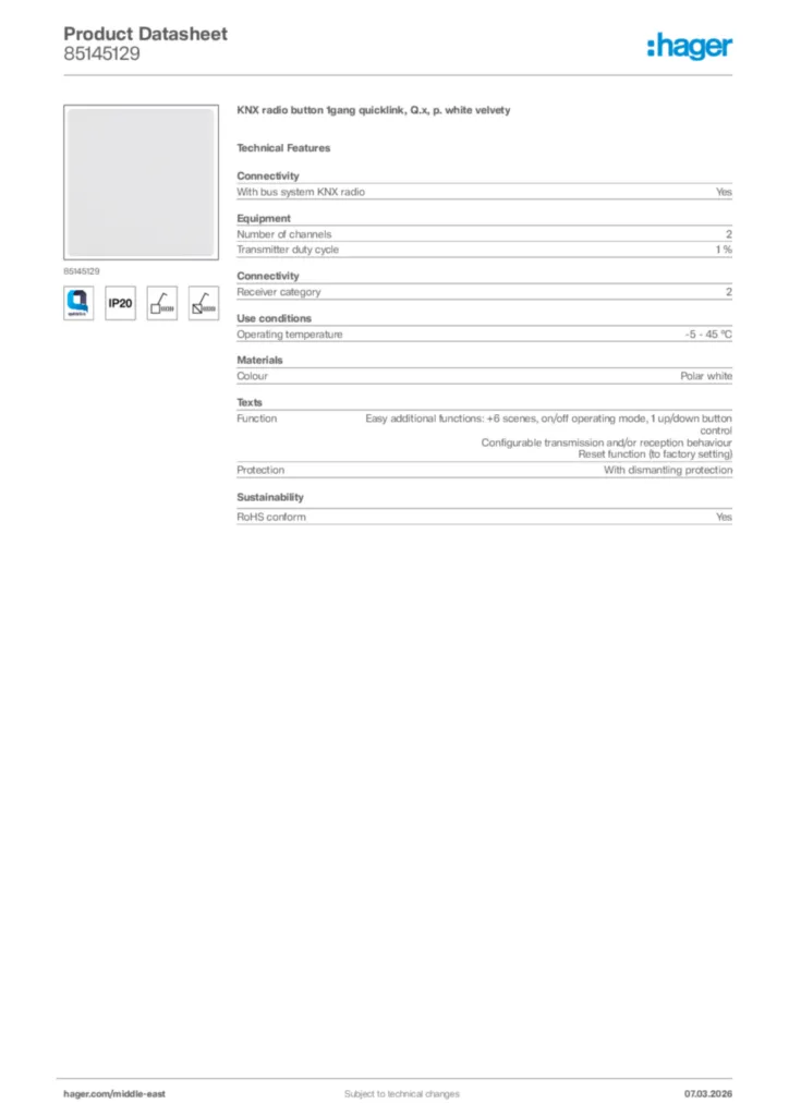 Image Hager Product data sheet 85145129  | Hager