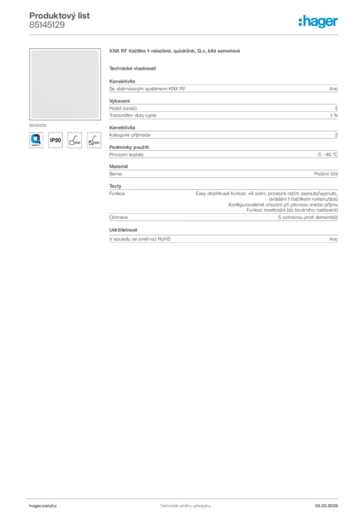 Obrázek Hager Product data sheet 85145129 | Hager