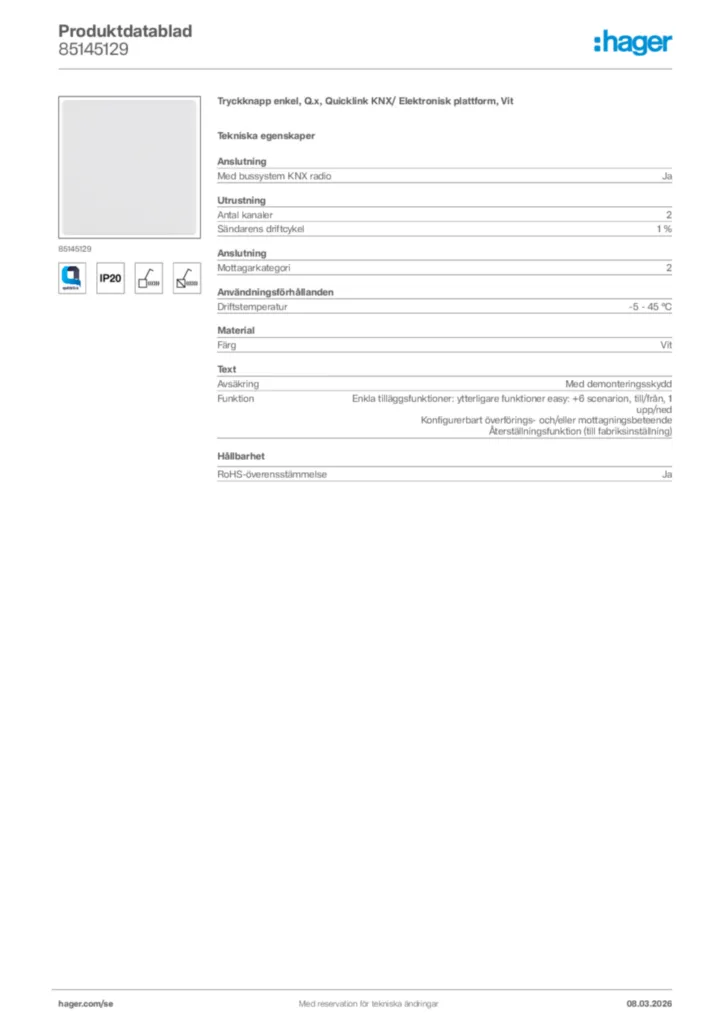 Bild Hager Produktdatablad 85145129 | Hager Sverige