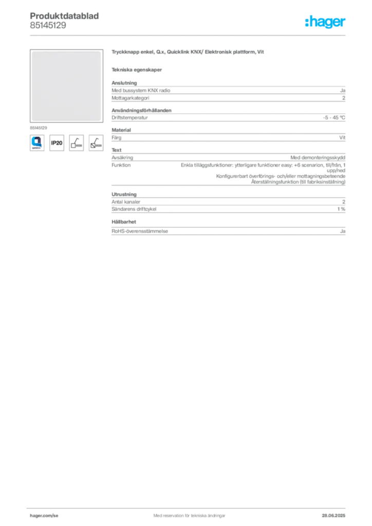 Bild Hager Produktdatablad 85145129 | Hager Sverige