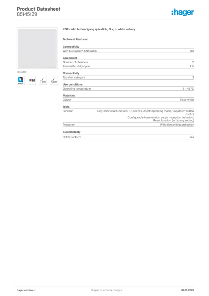 Image Hager Product data sheet 85145129  | Hager