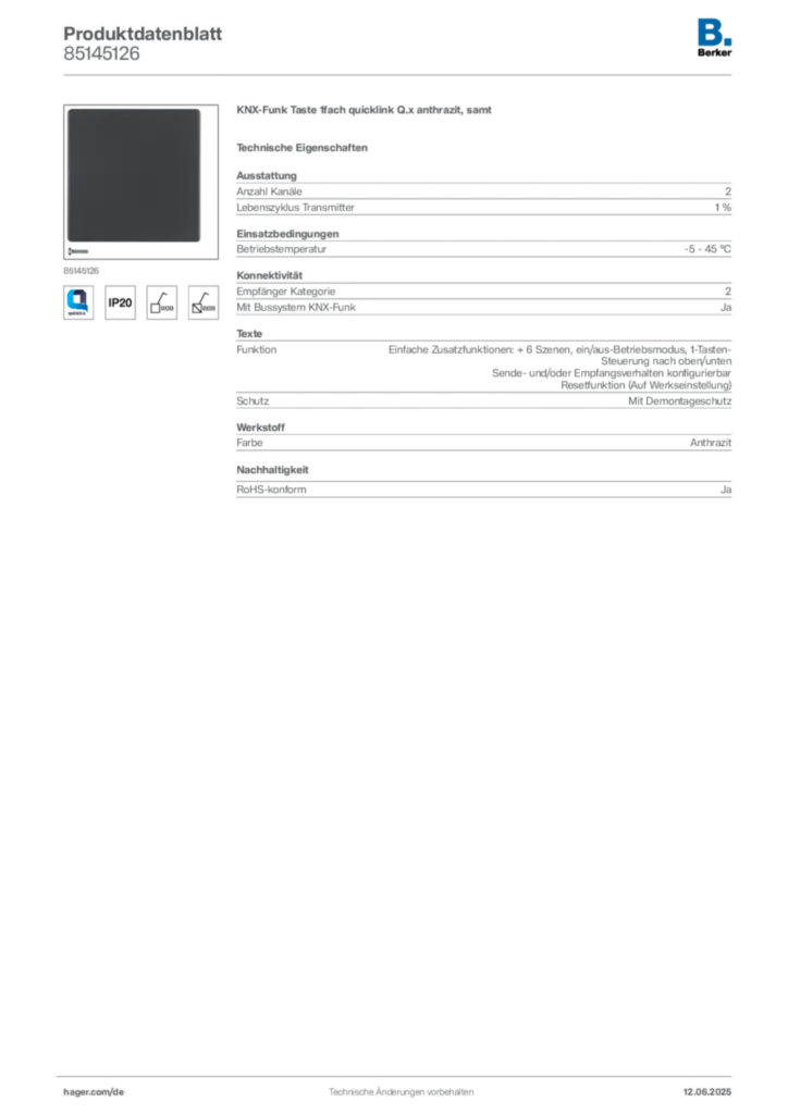 Bild Berker Produktdatenblatt 85145126 | Hager Deutschland